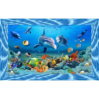 Tranh 3D Dán Tường Đại Dương, tranh cá dán bể bơi, phòng bé, khu vui chơi