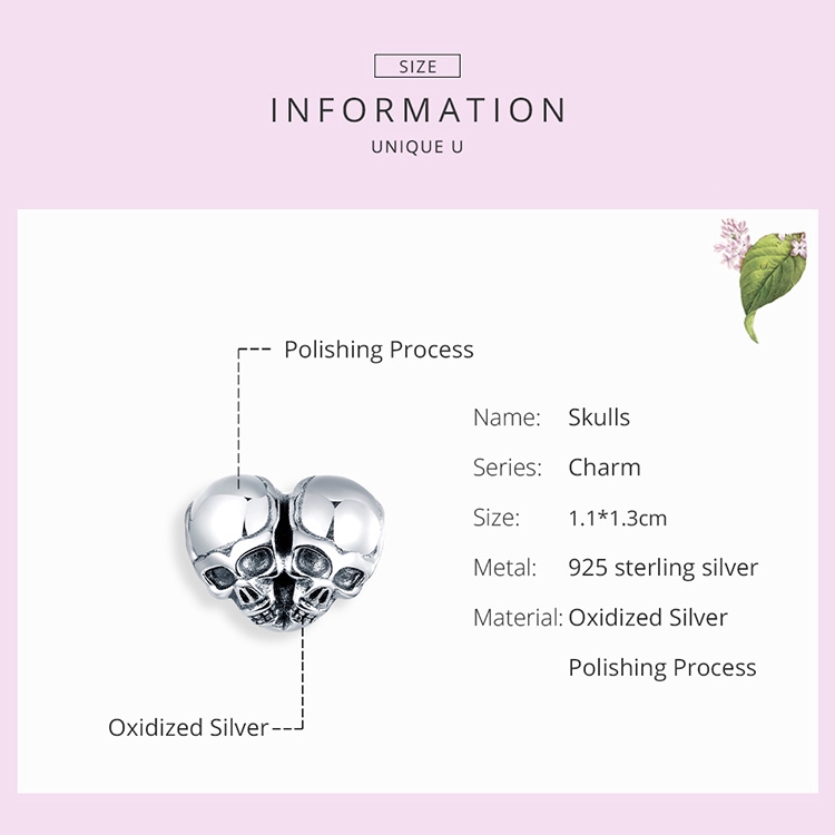 Hạt charm BAMOER SCC1519 bằng bạc 925 hình trái tim kiểu đầu lâu phong cách punk thời trang cá tính