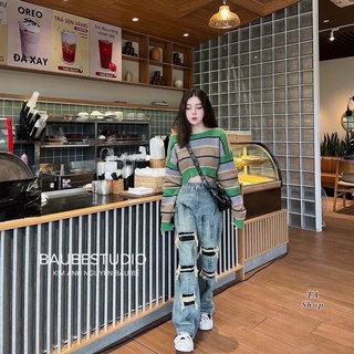 Áo len phối xanh croptop dài tay thu đông dáng rộng ALD24