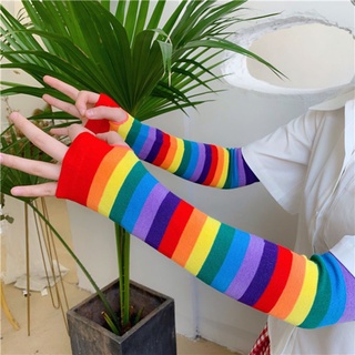 Cặp găng cánh tay dài hở ngón chống nắng họa tiết sọc cầu vồng thời trang cho nữ