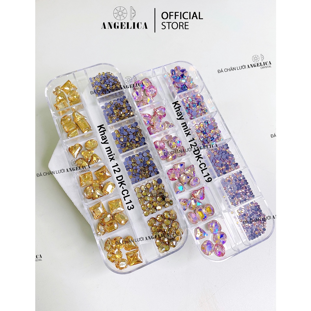 Khay 480v Đá Chân Lưới Mix Đá Khối Đính Nail Trắng AB Trang Trí Móng ANGELICA DKCL