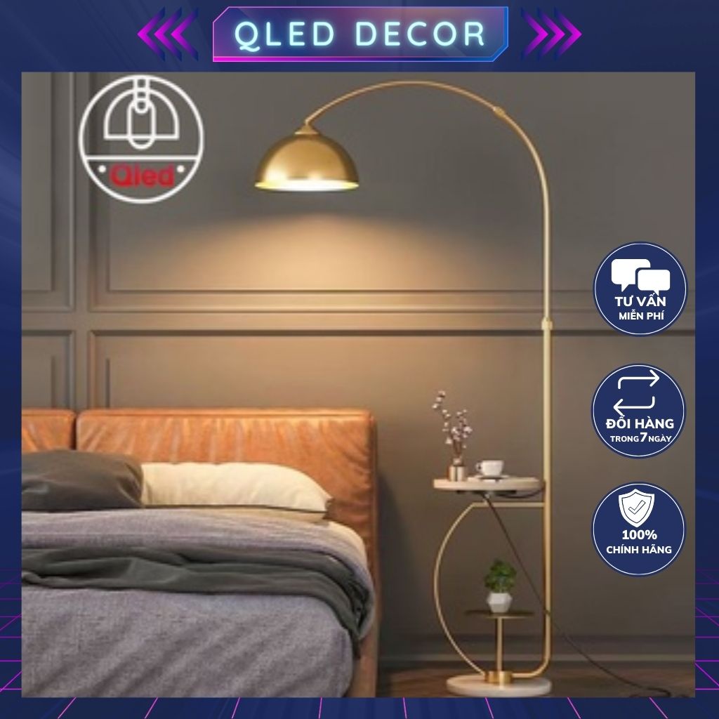 Đèn cây đứng Qled Đồng cao cấp đế bát đá tự nhiên ( Tặng kèm bóng Led as vàng ấm)