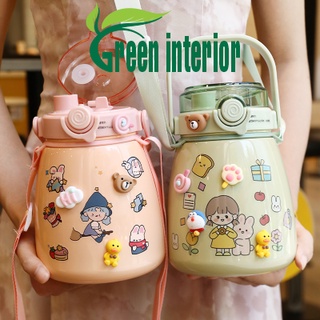 Bình nước giữ nhiệt Greeninterior 880ml, bình đựng nước cute có ống hút, inox 304 cao cấp kèm hình dán 3D Màu Hồng