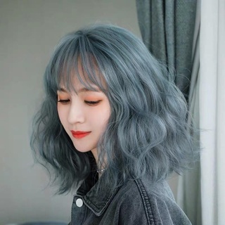 Tóc Giả Nguyên Đầu Xoăn Ngang Vai Mái Bằng Ombre Xanh HaminStore