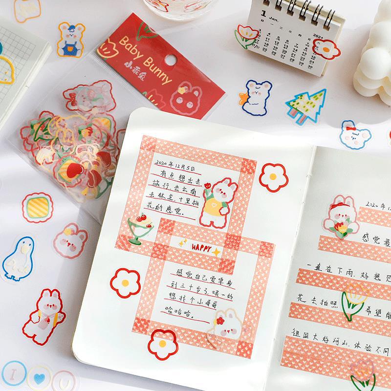 Sticker cute trong suốt giá rẻ set 45 miếng dán trang trí sổ mũ bảo hiểm bình nước điện thoại PET chống nước HD129-K51