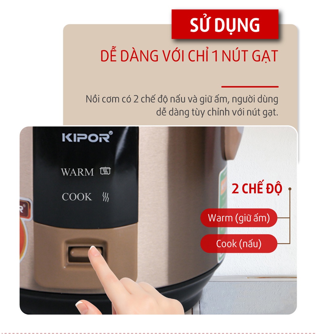 Mô tả Nồi cơm điện KIPOR KP-N1512 - 1.2L - Nồi cơ chống dính TEFLON 5 lớp dầy 3mm nặng 690G - Bảo hành tại nhà 12 tháng - 4