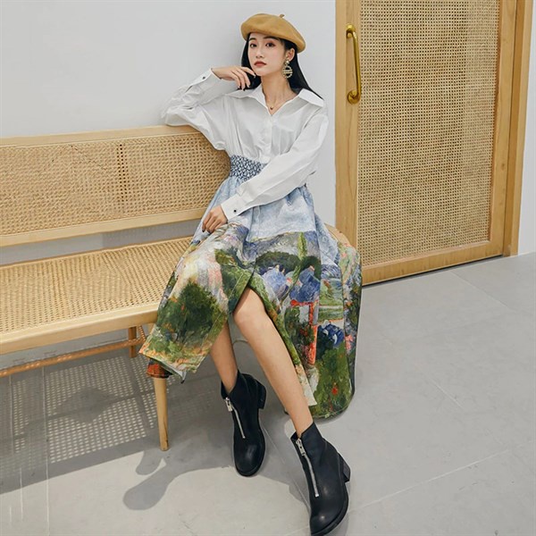 Ảnh MUSHROOM LEE - Đầm sơ mi nhúng eo in phong cảnh 3