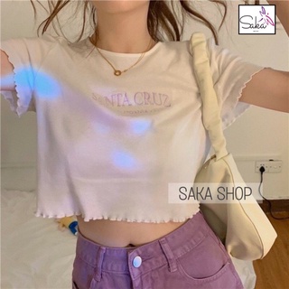 Áo croptop nữ tay ngắn thun cuốn biên thêu chữ màu tím sake dễ thương