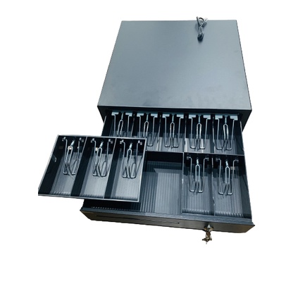 Ngăn kéo đựng tiền cỡ lớn Roco 408, cỡ nhỏ RT335. Két thu ngân kết nối máy in hoá đơn tự động mở két