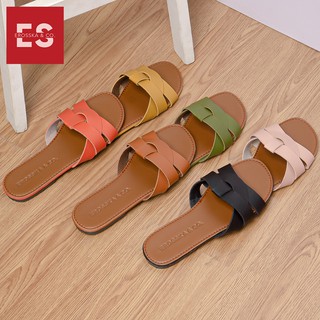 Dép nữ thời trang đế bằng Erosska đính nơ đế bệt màu vàng ver 2 - DE027