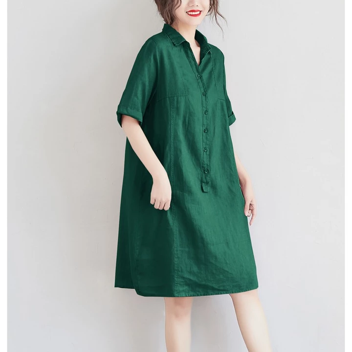 Đầm suông nữ Linen - Cổ đức, 2 túi bổ cơi, vải Linen bột Premium, form váy suông không kén dáng - DS29