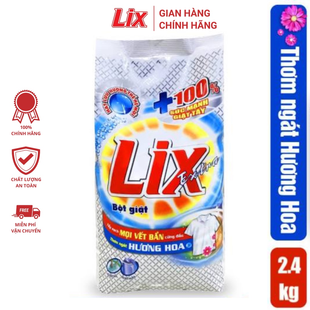 Bột giặt Lix Extra hương hoa 2.4Kg EB247 làm trắng quần áo tăng gấp đôi sức mạnh lưu hương lâu cho giặt tay giặt máy