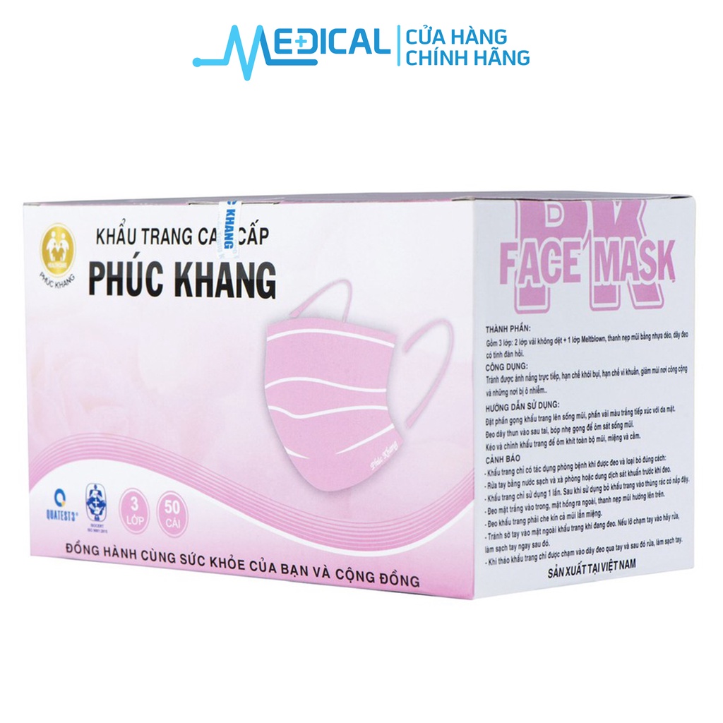 Ảnh Khẩu trang y tế 4 lớp cao cấp PHÚC KHANG có giấy lọc kháng khuẩn màu trắng, hồng hộp 50 cái - MEDICAL 2