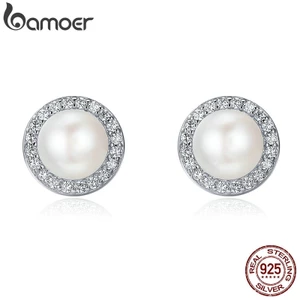 BAMOER Khuyên Tai Tròn bạc 925 Đính Ngọc Trai cz Lấp Lánh Phong Cách Cổ Điển Cho Nữ sce122