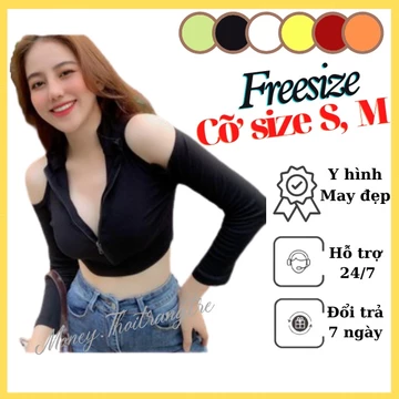 Áo Croptop Nữ Hở Vai Tay Dài Có Dây Kéo Trước Cổ Lọ, Áo Crt Thun Gân Nữ Khoét Vai Dài Tay Cổ Cao Kiểu Ôm Sexy Freesize