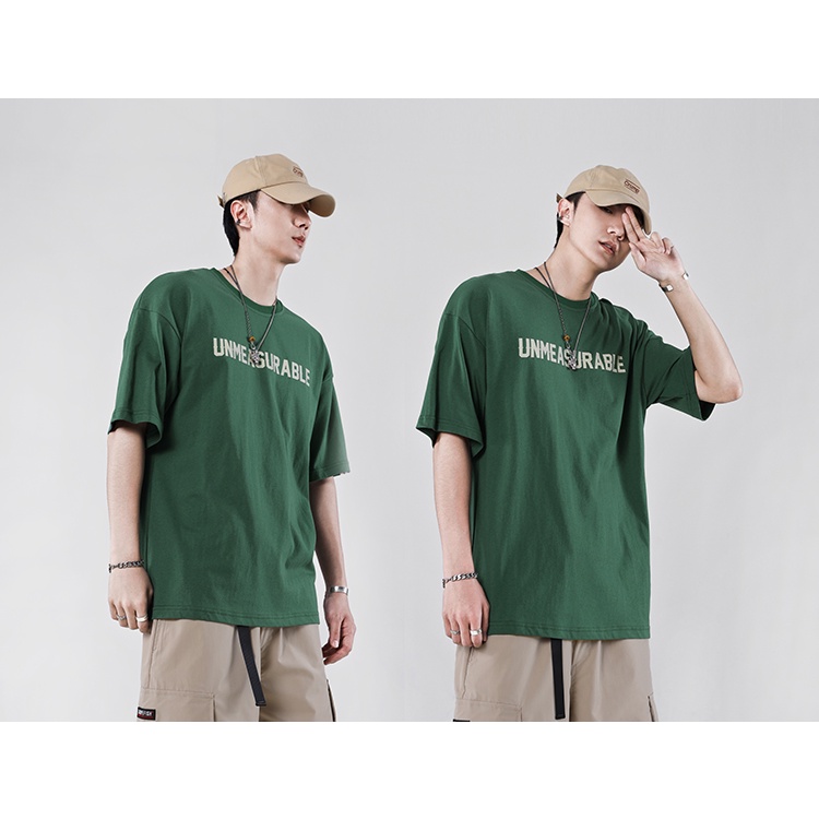 Áo Thun Nam HappyTee - Áo phông nam form rộng tay lỡ xanh rêu in Unmeasurable vải cotton 100 cao cấp