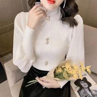 Áo Dệt Kim Nữ Tay Dài Cổ Cao Ôm Dáng Phong Cách Hàn Quốc baju baju wanita Lenan panjang
