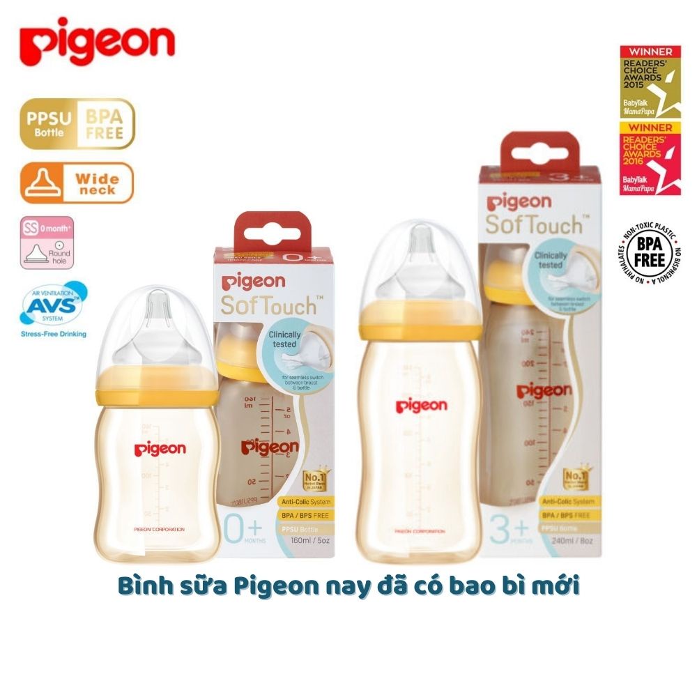 Bình sữa Pigeon Softouch (PHIÊN BẢN MỚI) cổ rộng dung tích 160ml ...
