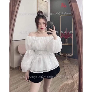Set Tơ Trễ Vai Tay bồng mix quần