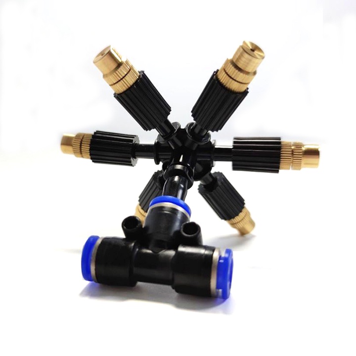 Béc tưới phun sương 6 hướng đầu đồng kèm tê nối nhanh 8mm, đầu phun sương tưới cây