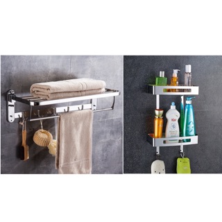 Combo giá treo khăn và Kệ chữ nhật 2 tầng Inox 304