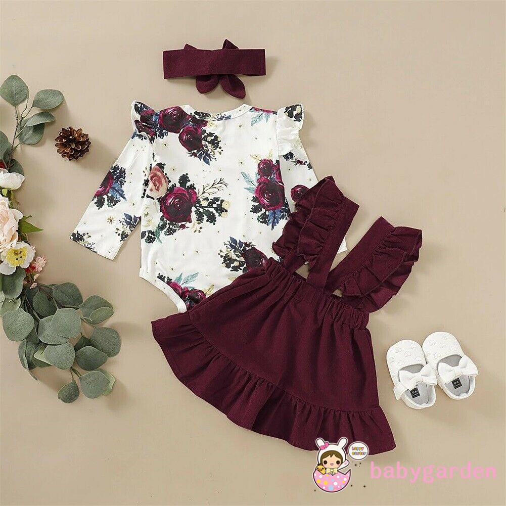 Bộ áo liền quần tay dài cổ tròn + chân váy xòe màu trơn + băng đô thời trang cho bé gái