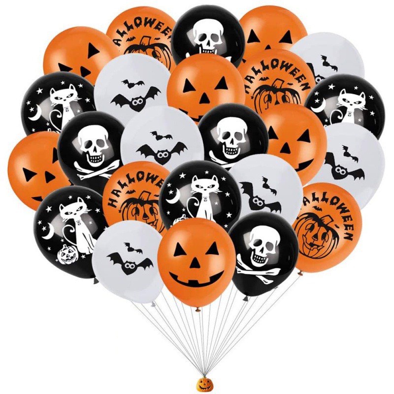 10 bóng Tết giáng sinh, halloween cỡ to màu cam đen trắng in hình đường kính 23cm