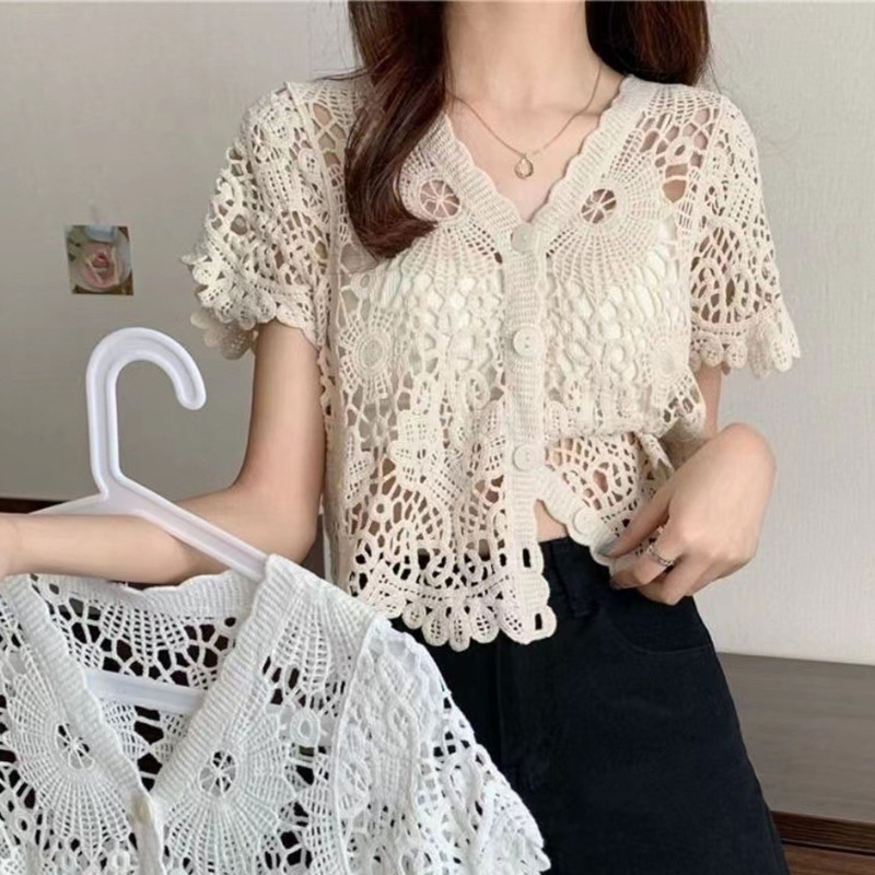 Wellb Nữ Tay Ngắn Ren Shrug Rỗng Móc Nút Sheer Crop Cardigan Cho Jack