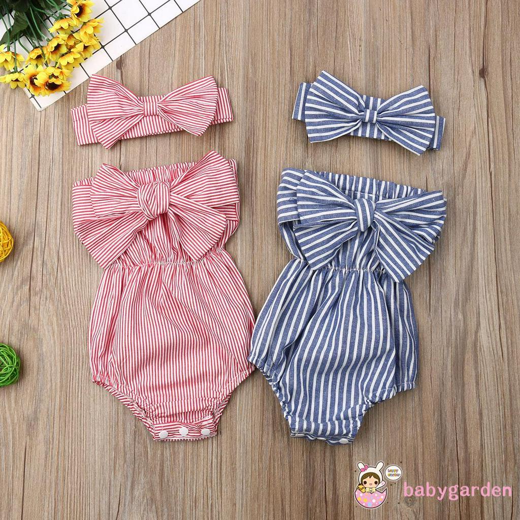 Bé gái lệch vai Áo liền quần không tay sọc nơ lớn + Băng đô