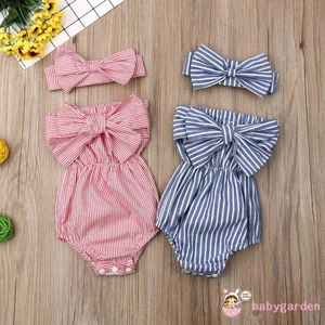 Bé gái lệch vai Áo liền quần không tay sọc nơ lớn + Băng đô
