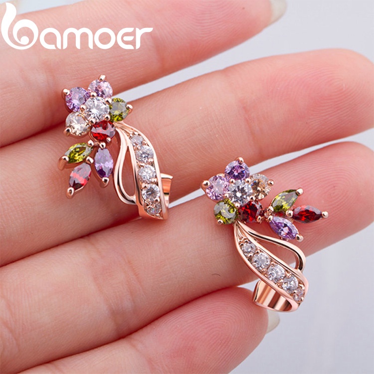 Bông tai Bamoer JIE019 tạo hình hoa với pha lê hồng  vàng thời trang thích hợp làm quà tặng cho trẻ em gái và phụ nữ