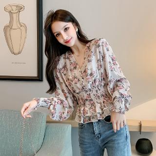Áo sơ mi dài tay voan hoa mỏng phong cách Hàn Quốc dành cho nữ
