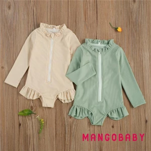 Mg-baby Bé Gái Dài Tay Một Mảnh Đồ Bơi, Màu Trơn Ruffle Dây Kéo Rash Guard Đồ Bơi Bộ Đồ Tắm