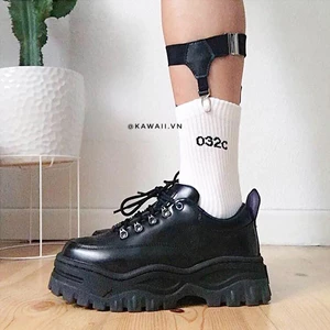 ANGEL LEATHER SNEAKERS - GIÀY THỂ THAO MÓC DÂY MÀU ĐEN đế 5cm Kawaii Viet Nam (Ảnh thật tự chụp)