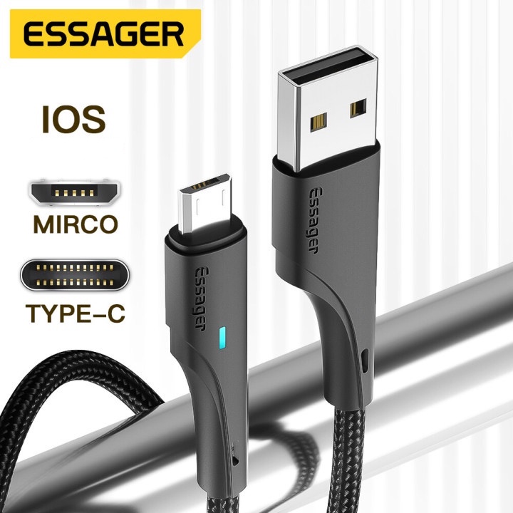 Cáp sạc nhanh Essager 3A Type C/Micro/iOS Usb 0.25m/1m/2m/3M cho điện thoại Android