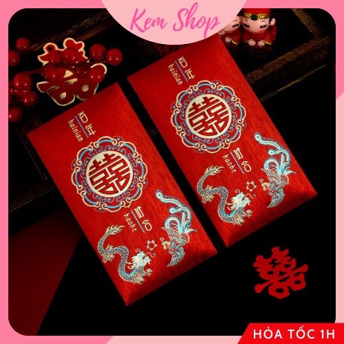 Bao lì xì chữ hỷ trao duyên họa tiết long phượng giấy nhũ dùng cho đám cưới, ăn hỏi đại lễ - Kem Shop K286