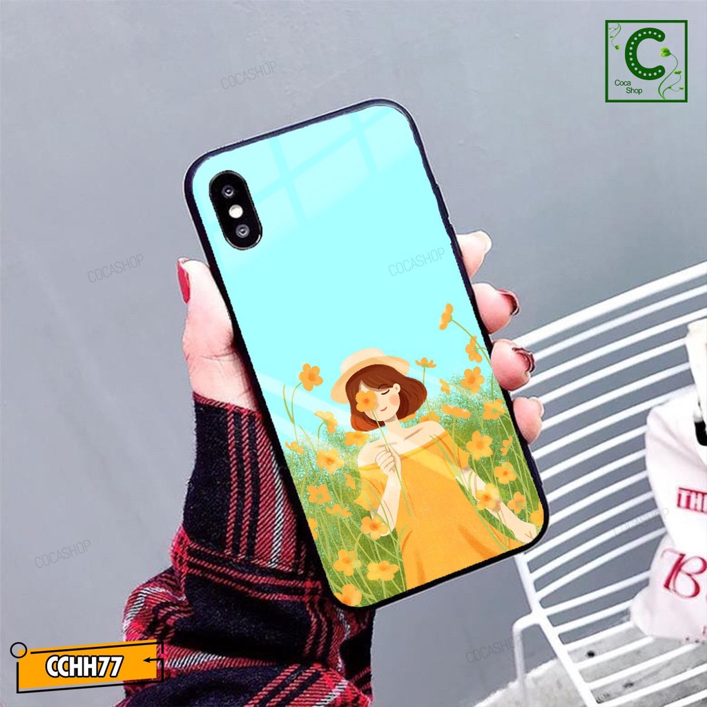 Ốp lưng iphone mặt kính in hình cực đẹp - Cô gái diện váy màu vàng xinh tươi thả hồn cùng những bông hoa khoe sắc