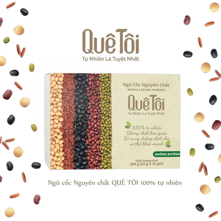 Hộp 12 gói Bột ngũ cốc nguyên chất Quê Tôi 5 loại đậu gạo lứt 12gx22gr