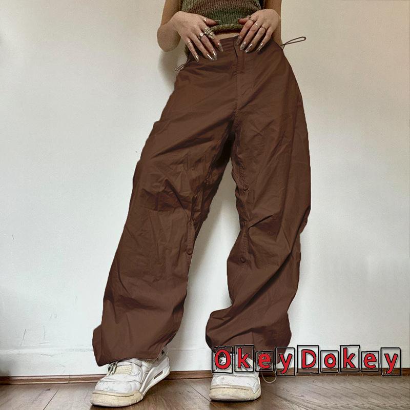 Quần Dài Lưng Cao Ống Rộng Dây Rút Phối Túi Y2K Phong Cách Vintage Cho Nữ