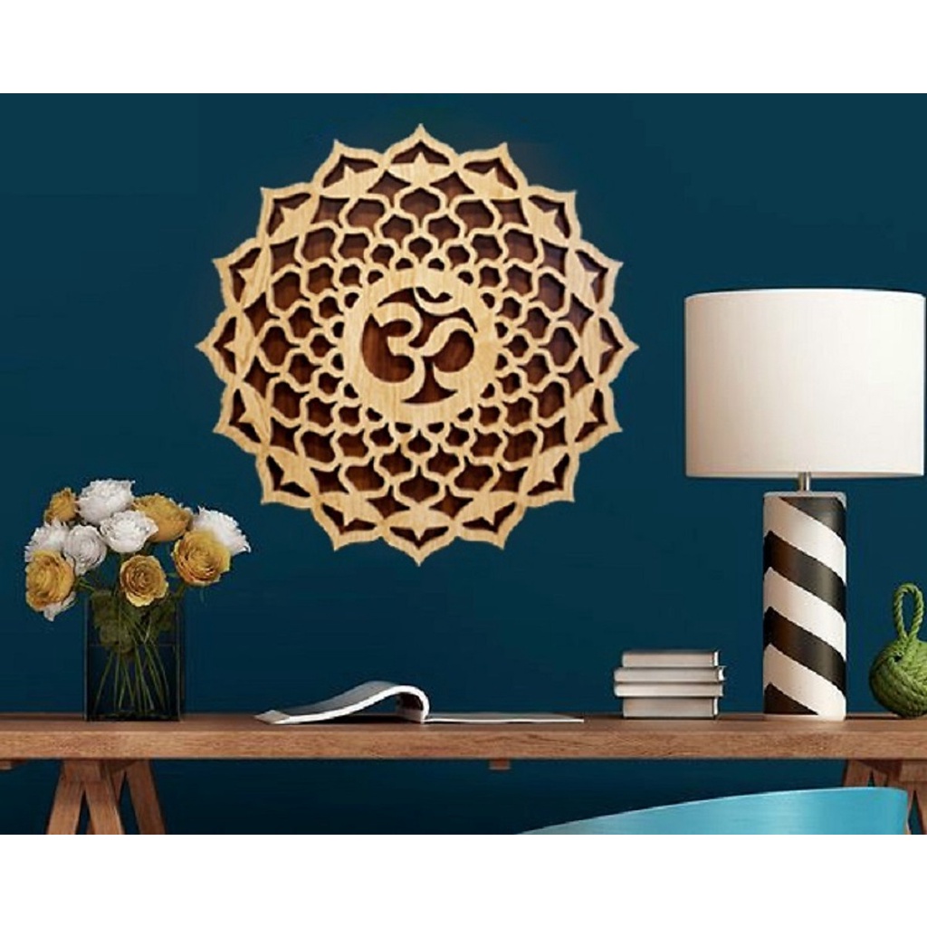 Tranh Gỗ Decor Hoa Mandala Chữ Om Treo Tường Phòng Thiền , Yoga 40cm