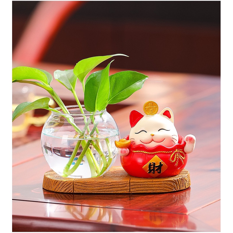 Bộ decor Mèo thần tài may mắn kết hợp cùng bình thủy sinh trang trí nhà, bàn làm việc góc học tập giúp mang lại may mắn