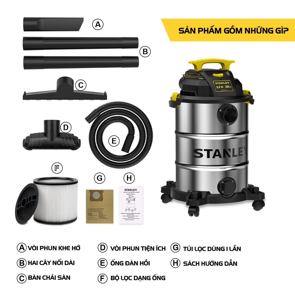 Mô tả Máy hút bụi công nghiệp khô và ướt Stanley SL19417-8A 4000W 5.5HP - bộ lọc HEPA - Bảo hành 12 tháng Kèm Phụ Kiện - 3