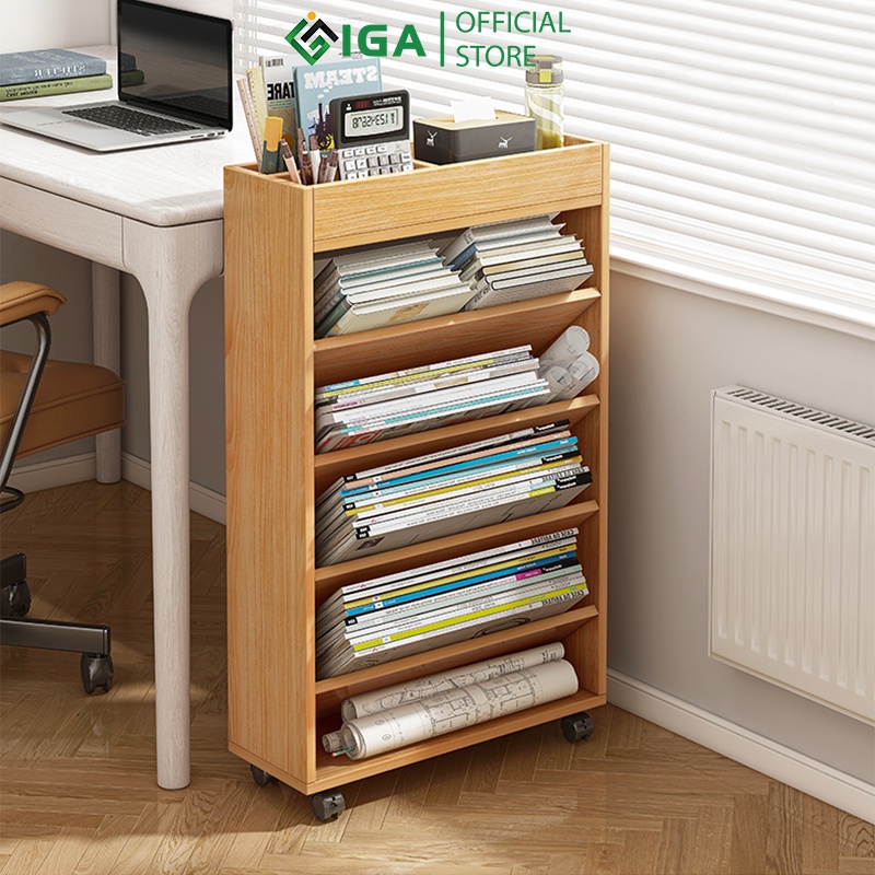 Kệ sách gỗ 5 tầng IGA dễ dàng di chuyển với bánh xe 360 - GP189