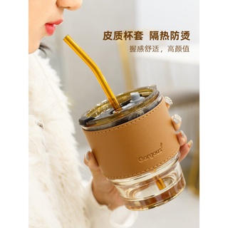 Cốc Giữ Nhiệt Thủy Tinh Tặng Kèm Bao Da Ống Hút , Ly Chịu Nhiệt Dùng Uống Cafe Sang Chảnh - COC58