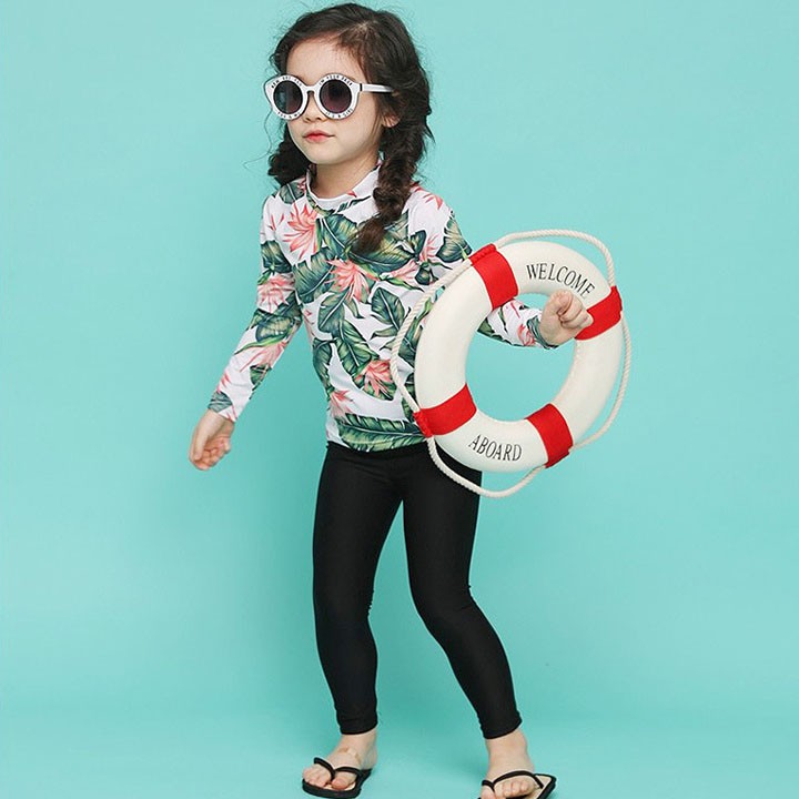 Đồ bơi trẻ em dài tay cho bé gái kèm quần dài lá xanh siêu xinh SPORTY