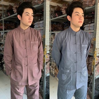 LTụ Thêu 3Túi Tay Dài Nam # Đồ Bộ Nam Đi Chùa