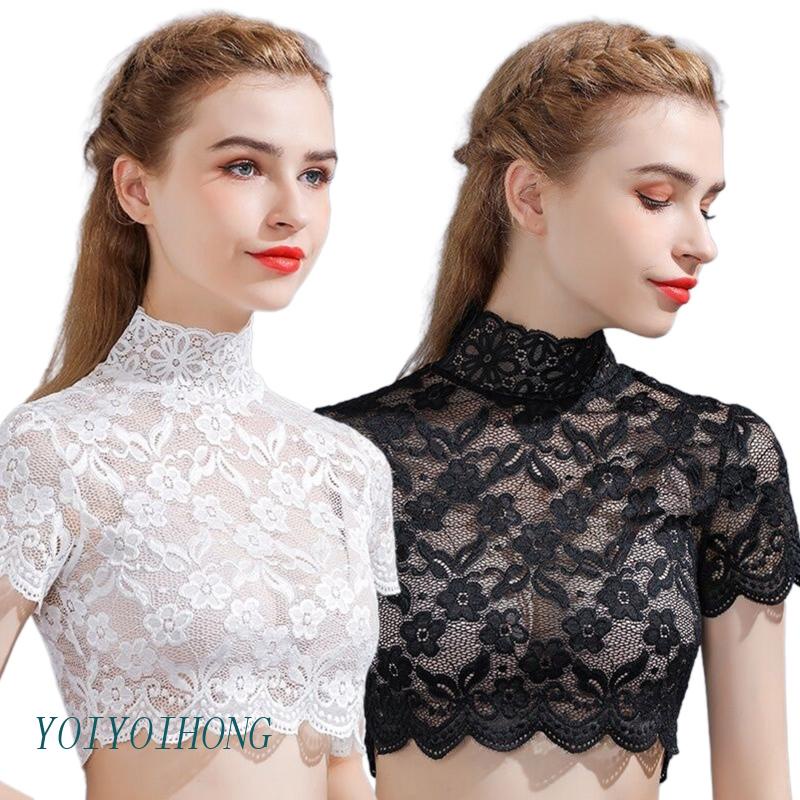 Yoi Áo Croptop Tay Lửng Cổ Lọ Phối Ren Hoa Thanh Lịch Có Thể Tháo Rời Cho Nữ