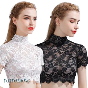 Yoi Áo Croptop Tay Lửng Cổ Lọ Phối Ren Hoa Thanh Lịch Có Thể Tháo Rời Cho Nữ