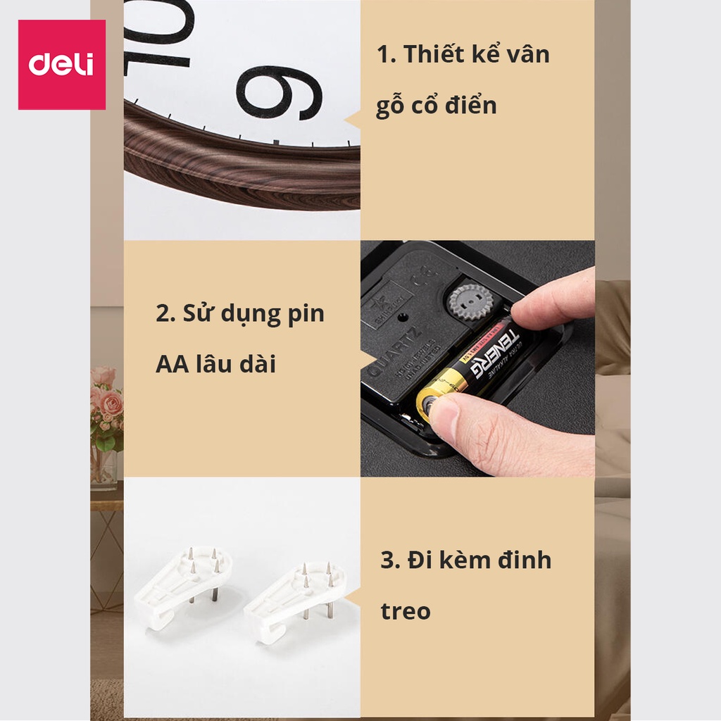 Đồng Hồ Treo Tường Vân Gỗ Cao Cấp Deli Kèm móc treo, Kim trôi Không Ồn 8842
