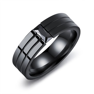 Nhẫn nam titan kẻ sọc đá đen không gỉ MR180401 BY ACCESSORIES